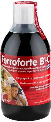 Hyvänmakuinen ja vatsaystävällinen nestemäinen rauta-vitamiinivalmiste. Ferroforte B + C sisältää rautaa hyvin imeytyvässä sitraattimuodossa ja rautapitoisia yrttejä sekä viittä keskeistä B-vitamiinia ja C-vitamiinia. 