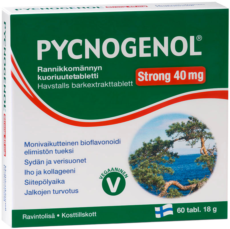 Pycnogenol® on vahva luonnon bioflavonoidi, joka edistää kehon terveyttä monin tavoin. Ylläpitää tervettä verenkiertoa sekä pitää sydämen ja verisuonet toimintakunnossa. Vahvistaa ihon kollageenia. Auttaa ihoa säilyttämään nuorekkuutensa.