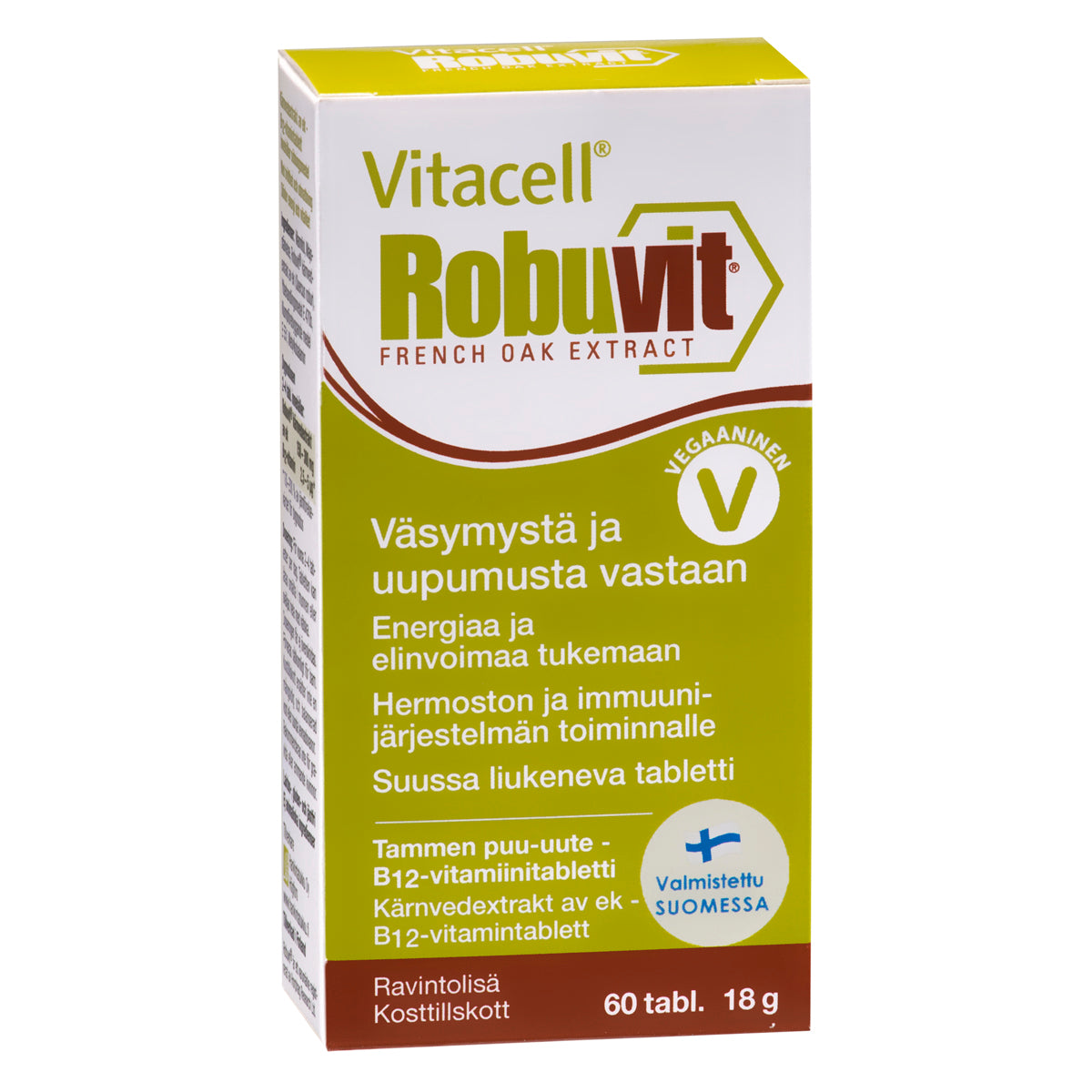 Vitacell Robuvit 60 tabl. Sisältää patentoitua Robuvit tammen puu-uutetta sekä B12-vitamiinia hyvin imeytyvänä metyylikobalamiinina. Energiaa ja elinvoimaa tukemaan. Suosittu Vitacell Robuvit tukee myös mitokondrioiden toimintaa. 