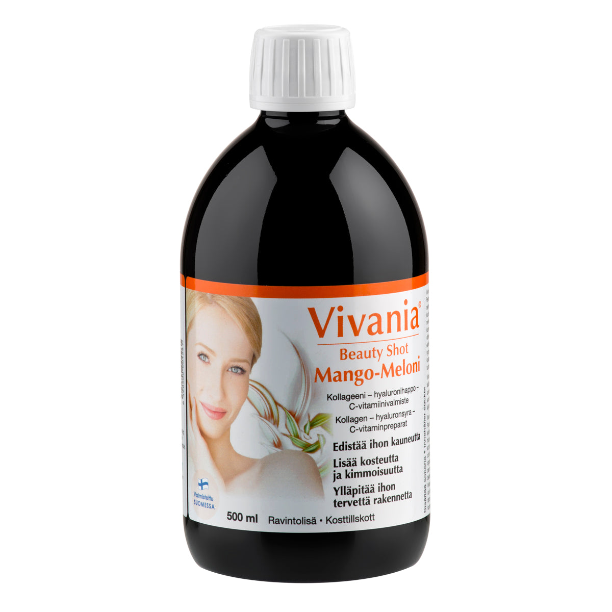 Vivania Beauty Shot Mango-Meloni 500 ml. Tehokas, hyvin imeytyvää 1. tyypin hydrolysoitua Peptan kollageenia, hyaluronihappoa ja C-vitamiinia, jotka vahvistavat ihon rakennetta. Tasoittaa juonteita, lisää ihon kosteutta ja kimmoisuutta ja palauttaa ihon kiinteyden.
