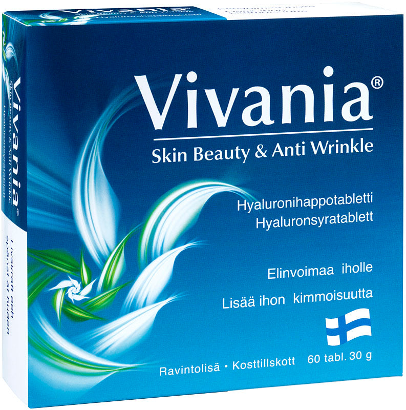 Vivania Skin Beauty & Anti Wrinkle hyaluronihappovalmiste ravitsee ja kosteuttaa ihoa sisäisesti, lisää ihon kiinteyttä ja kimmoisuutta sekä tasoittaa ryppyjä ja juonteita. Tulokset näkyvät yleensä 1–2 kk:n kuluttua käytön aloittamisesta, kun hyaluronihapon pitoisuus elimistössä lisääntyy. 