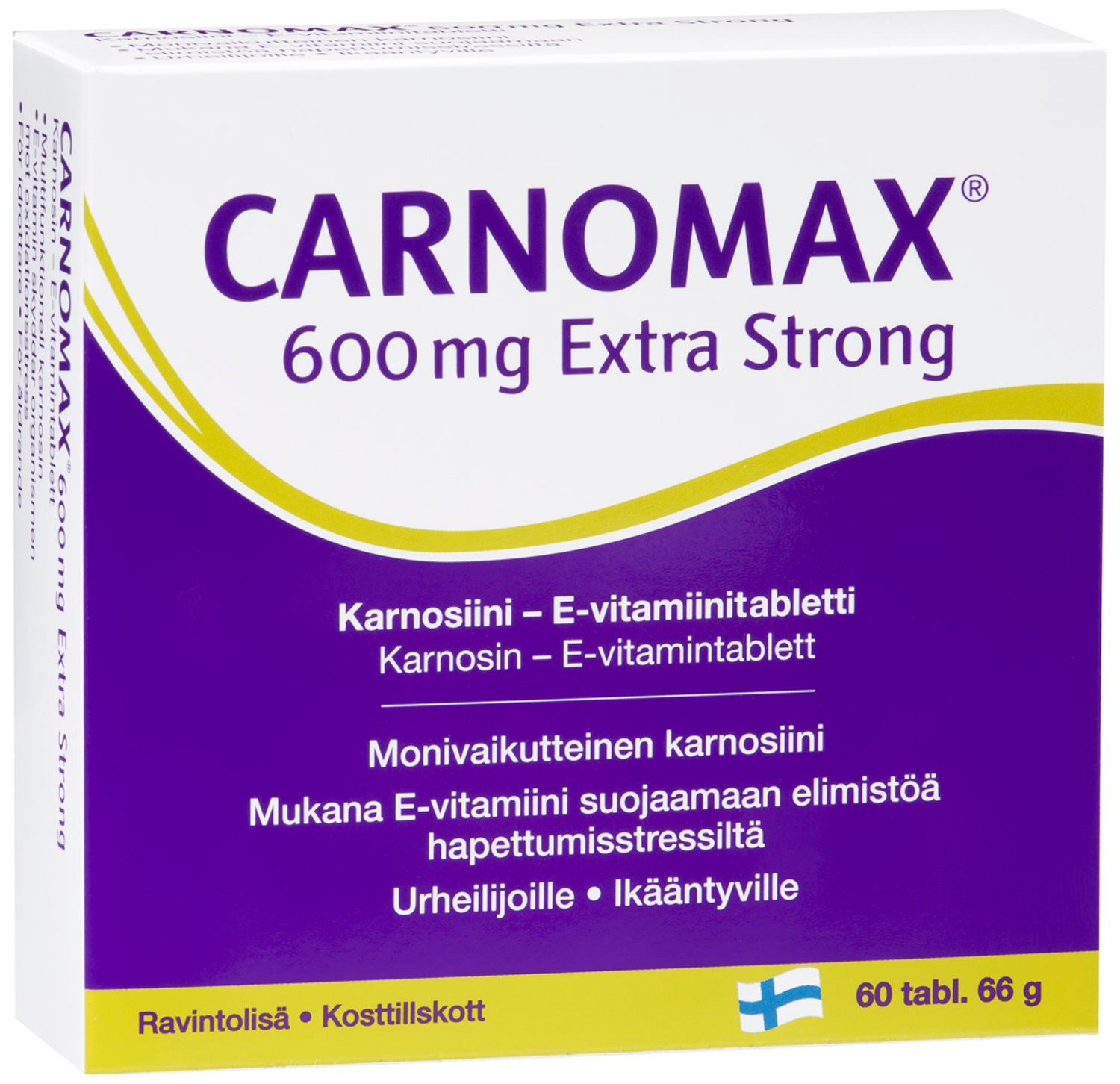 Carnomax® 600 mg Extra Strong 60 tabl. Karnosiini-E-vitamiinitabletit. Monivaikutteinen karnosiini. Mukana E-vitamiini suojaamaan elimistöä hapettumisstressiltä. Tukee aktiivista elämäntapaa.