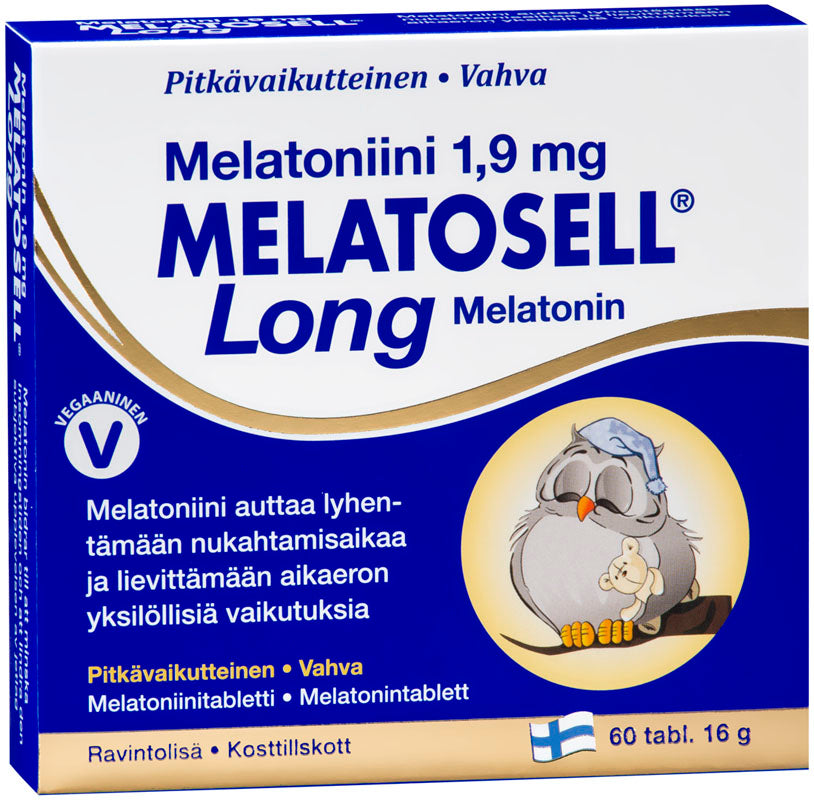 Melatosell Long Melatoniini 1,9 mg. Pitkävaikutteinen melatoniinitabletti ei hajoa heti, vaan turvaa melatoniinin saannin pidemmäksi aikaa. 