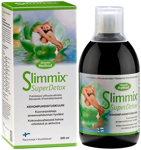 Slimmix SuperDetox valmiste sisältää monipuolisen yhdistelmän kehoa kokonaisvaltaisesti puhdistavia yrttejä sekä inuliinia, magnesiumia ja B5-vitamiinia. almisteen yrtit tukevat kehon omia luonnollisia puhdistus- ja puolustusmekanismeja edistäen kuona-aineiden poistumista elimistöstä.