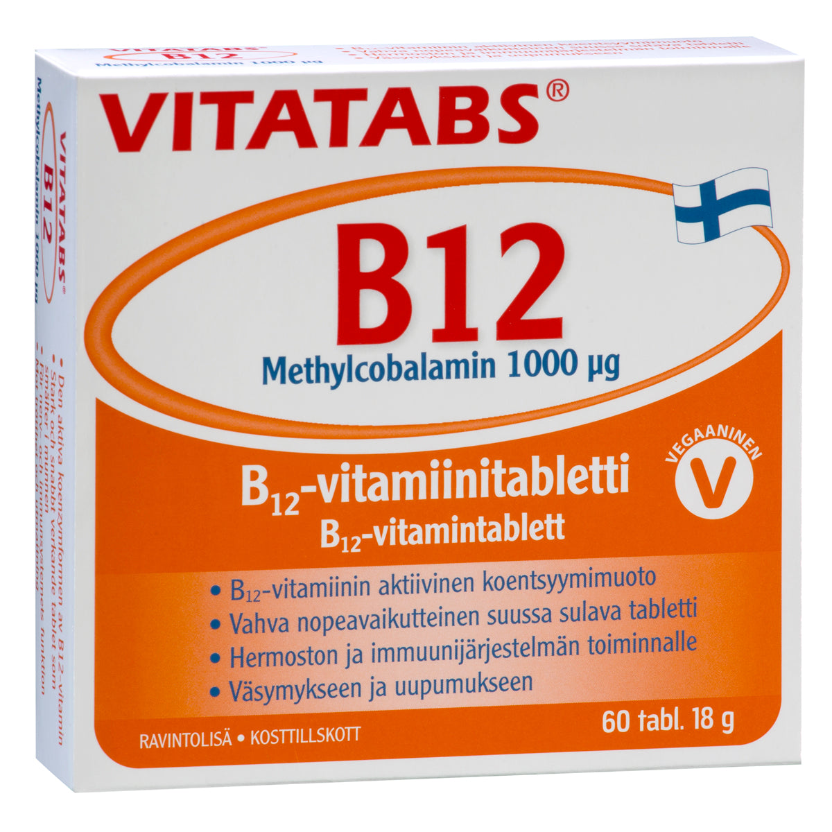 Vitatabs B12 Methylcobalamin 1000 µg 60 tabl. Vahva, tehokkaasti imeytyvä ja nopeavaikutteinen, vegaaneille sopiva Vitatabs B12 -tabletti aktiivisessa metyylikobalamiinimuodossa. Suussa sulava tabletti. Väsymykseen ja uupumukseen. 