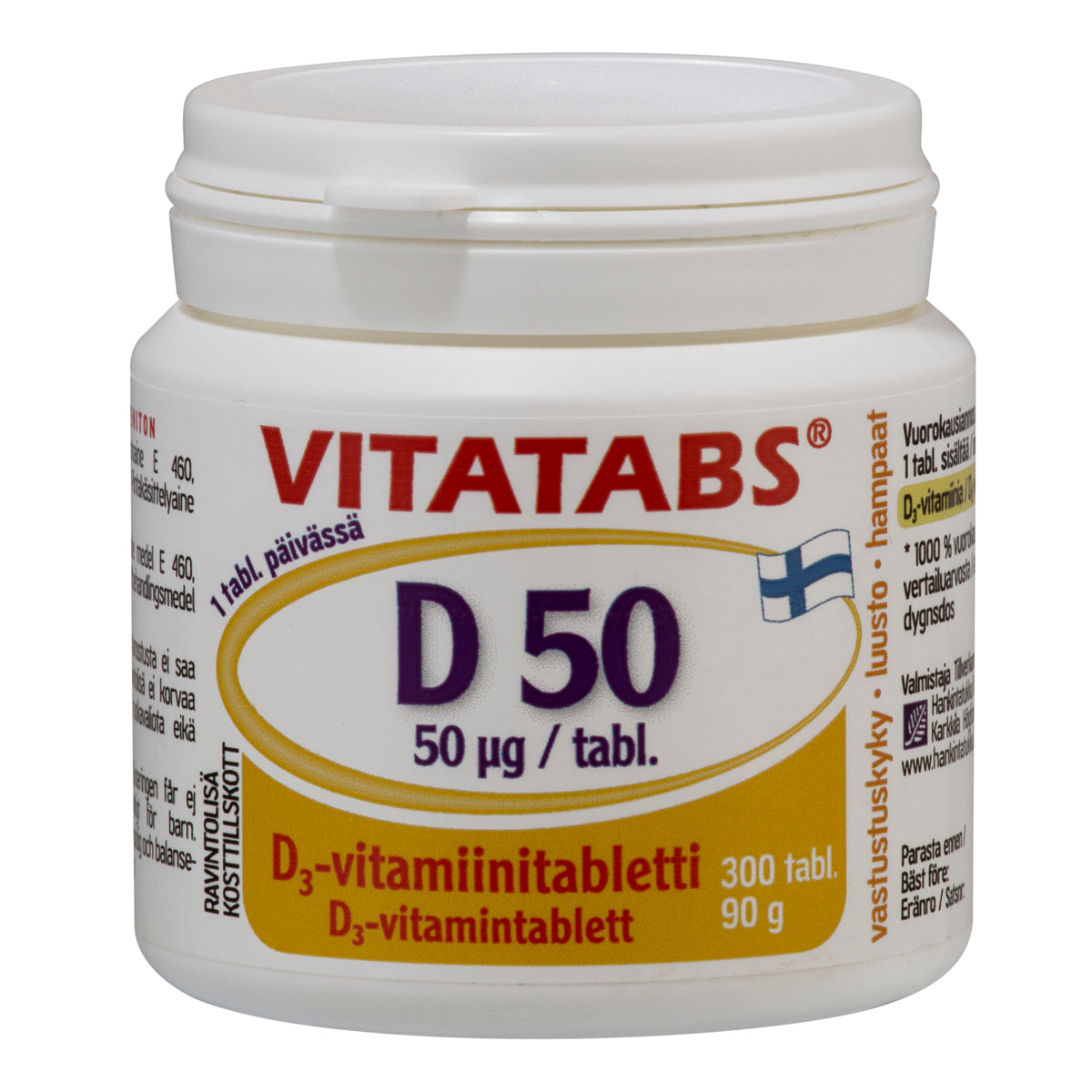 Vitatabs D 50 300 tabl. Vahva D-vitamiinivalmiste, pienikokoinen ja helposti nieltävä tabletti. Sisältää D3-vitamiinia 50 µg. Vastustuskykyyn, luustolle ja hampaille. Valmistettu Suomessa. 